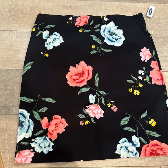 Floral Print Black Knee-Length Skirt Large Old Navy Polyester & Spandex Womens N - Picture 1 of 8